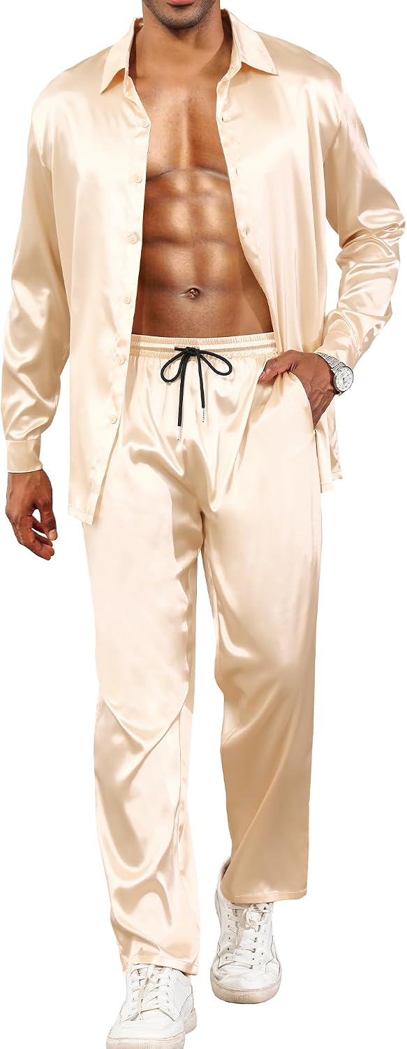 Notch‑Lapel Satin Mixed‑Length Pajama Set