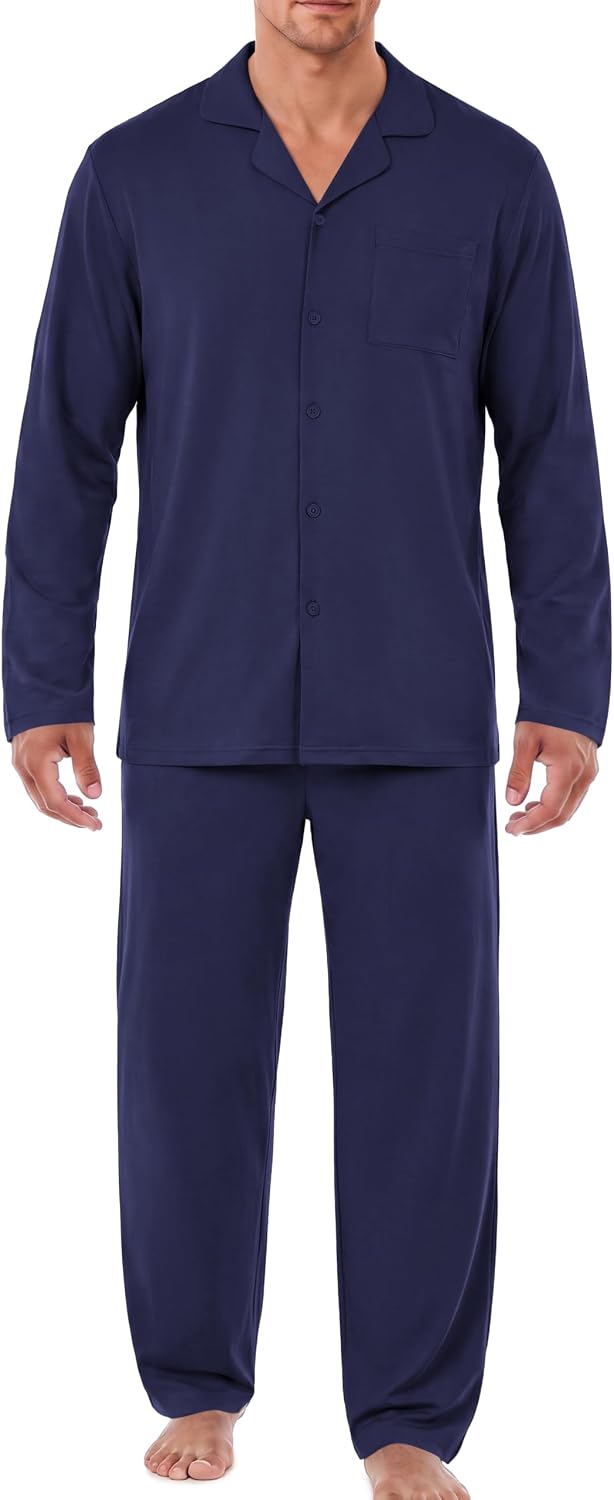 Striped Henley‑Collar Stretch‑Fabric Long Pajama Set