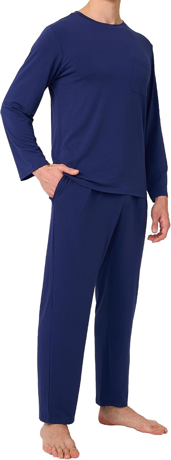 Bamboo‑Rayon Contrast‑Stitching Long Pajama Set