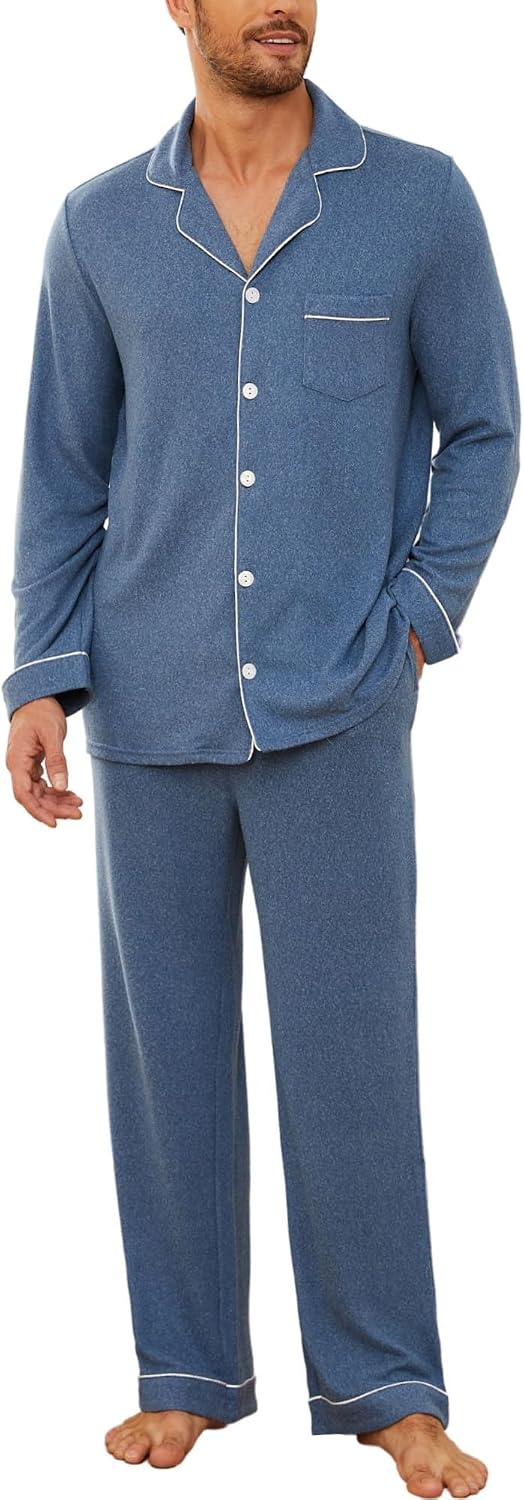 Striped Lapel‑Collar Warm Long‑Sleeve Pajama Set