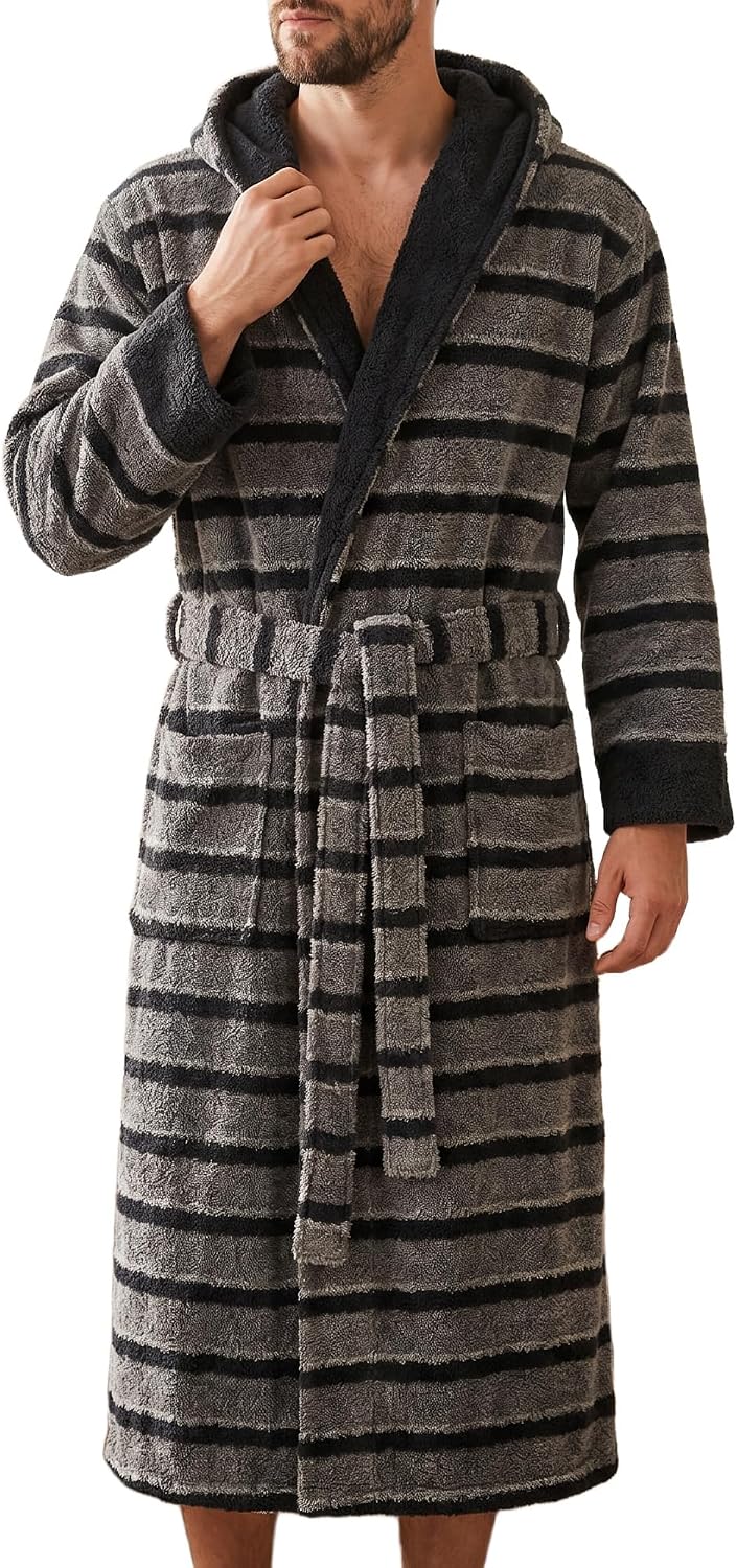 Faux Sherpa Fleece Striped Hooded Bathrobe