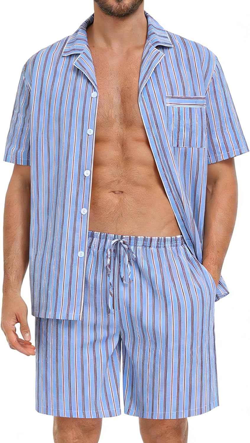 Striped‑Detail Woven‑Cotton Short‑Sleeve Pajama Set