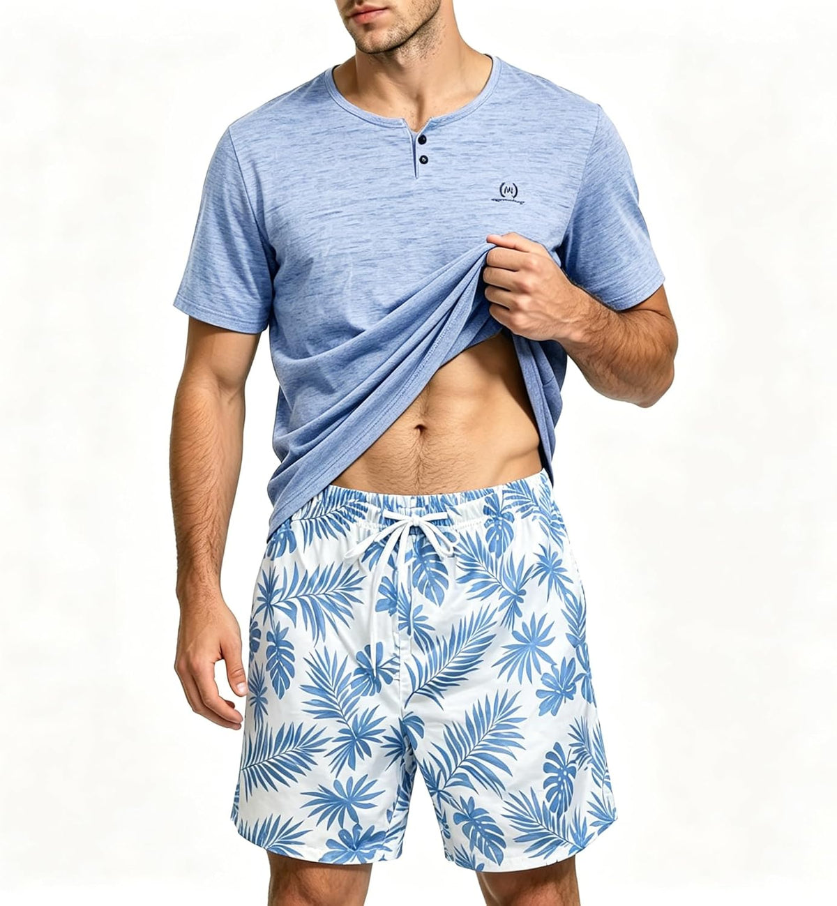 Mixed‑Fabric Practical‑Detail Short Pajama Set